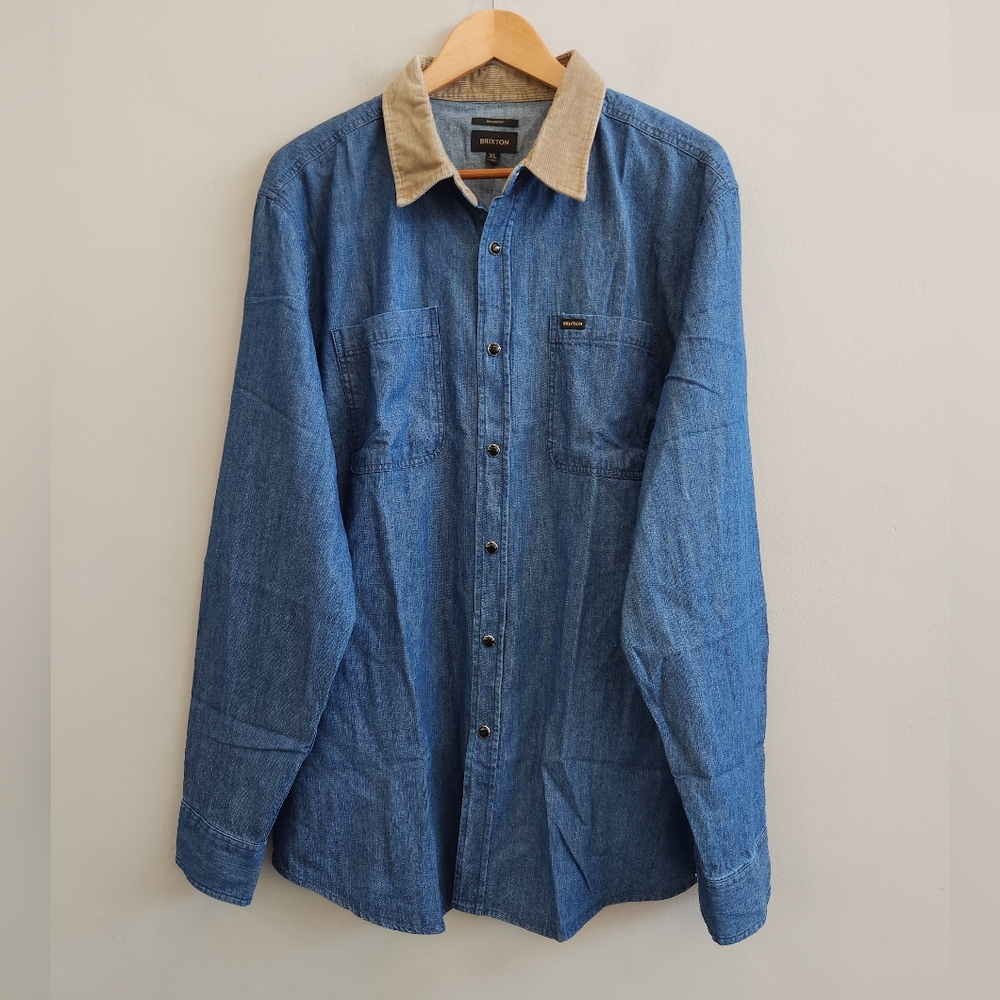 Brixton Reserve Snap Button Western Shirt Blue Washed Denim Corduroy Men's XL